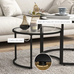 HOMCOM Set de 2 Mese de Cafea Suprapozabile din Sticlă și Oțel, Ø70x47.5 cm și Ø54x42.5 cm, Negru | Aosom Romania