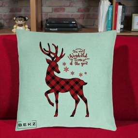 Perna Decorativa Ren Buffalo Plaid Craciun, 40x40 cm, Verde Menta, Husa Detasabila, Perna Inclusa, BEKZ®