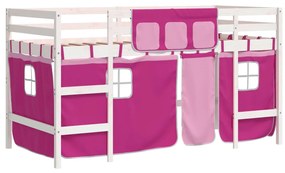 3206978 vidaXL Pat etajat de copii cu perdele, roz, 90x190 cm, lemn masiv pin