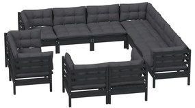 Set mobilier grădină cu perne, 11 piese, negru, lemn masiv pin