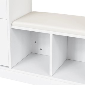 Combinație 6-în-1 pentru intrare cu iluminare LED, set cuier, masă de toaletă, bancă pentru pantofi, dulap rabatabil pentru pantofi și vitrină din sticlă, 163x35x161 cm, Alb