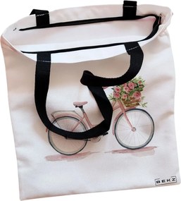 Sacosa de Panza pentru Cumparaturi, Geanta Tote, model Pink Bicycle, Cu fermoar, 38x34.5 cm, Alba, BEKZ®