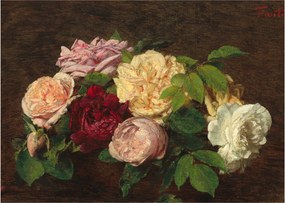 Tablou pe sticlă - Henri Fantin-Latour, Roses de Nice on a Table, reproducere (70x50 cm)