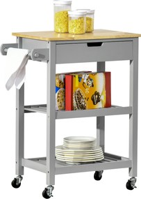 HOMCOM Cărucior de servire pentru bucătărie pe roți cu blat din lemn de hevea - 2 rafturi, 1 sertar și 1 suport pentru prosoape | Aosom Romania