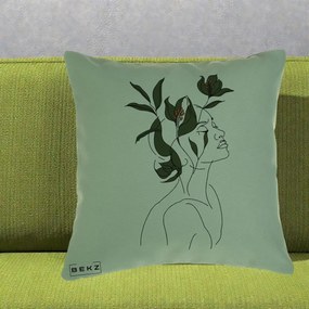 Perna Decorativa Portret Feminin Crin Verde, 40x40 cm, Verde, Husa Detasabila, Perna Inclusa, BEKZ®
