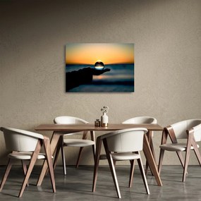 Tablou pe sticlă cu bilă din sticlă în palmă (70x50 cm)