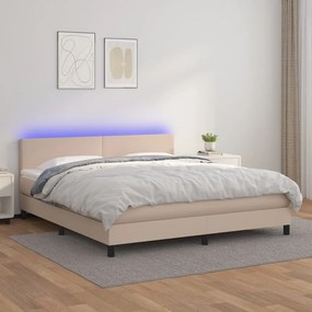 vidaXL Pat cu arcuri, cu saltea și LED cappuccino 180x200 cm piele eco
