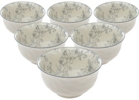 Set de 6 boluri din ceramică Flori delicate 11.5 cm, gri