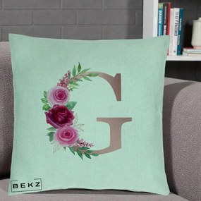 Cadou Personalizat - Perna Personalizata Monograma Rose Gold Litera G, 40x40 cm, Verde Menta, Husa Detasabila, Perna Inclusa, BEKZ®