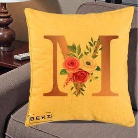 Cadou Personalizat - Perna Personalizata Monograma Rose Gold Litera M cu Trandafiri, 40x40 cm, Galben, Husa Detasabila, Perna Inclusa, BEKZ®
