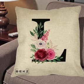 Cadou Personalizat - Perna Personalizata Monograma Florala Litera L, 40x40 cm, Crem, Husa Detasabila, Perna Inclusa, BEKZ®
