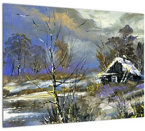Tablou pe sticlă -Cabane într-un peisaj de iarnă, pictură în ulei (70x50 cm)