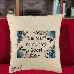 Cadou pentru Socri - Perna Personalizata Cei mai Minunati Socri cu Flori Albastre si Roz, 40x40 cm, Bej, Husa Detasabila, Perna Inclusa, BEKZ®