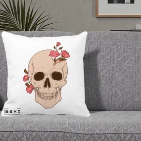 Perna Decorativa Craniu Floral Gothic, 40x40 cm, Alba Mata, Husa Detasabila, Perna Inclusa, BEKZ®