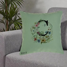 Cadou Personalizat - Perna Personalizata Monogram Litera C cu Flori Acuarela, 40x40 cm, Verde, Husa Detasabila, Perna Inclusa, BEKZ®