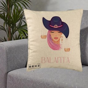 Perna Personalizata Zodiac Balanta Cowgirl, 40x40 cm, Bej, Husa Detasabila, Perna Inclusa, BEKZ®