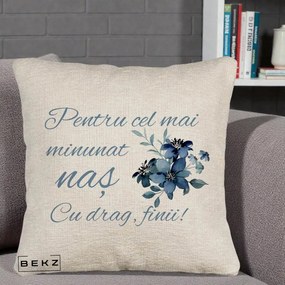 Cadou pentru Nas - Perna Personalizata Pentru Cel mai Minunat Nas Cu drag Finii, 40x40 cm, Bej Canapea, Husa Detasabila, Perna Inclusa, BEKZ®