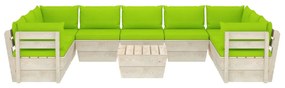 Set mobilier gradina din paleti, 10 piese, cu perne, lemn de molid verde aprins, 4x colt + 5x mijloc + masa, 1