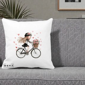Perna Decorativa Fetita Kawaii pe Bicicleta cu Trandafiri si Inimioare, 40x40 cm, Alba Mata, Husa Detasabila, Perna Inclusa, BEKZ®