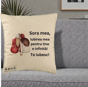 Cadou pentru Sora - Perna Personalizata Sora Mea Te Iubesc Doua Fete Iarna Acuarela, 40x40 cm, Bej, Husa Detasabila, Perna Inclusa, BEKZ®