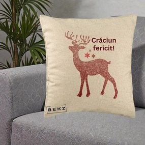 Perna Decorativa Ren Sclipitor Glitter Craciun Fericit, 40x40 cm, Bej, Husa Detasabila, Perna Inclusa, BEKZ®