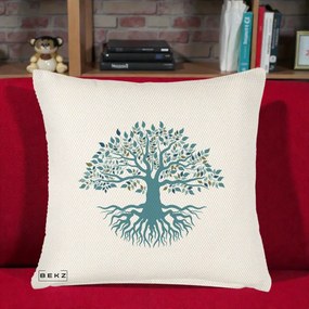 Perna Decorativa Copacul Vietii Teal cu Radacini, 40x40 cm, Crem Reliefat, Husa Detasabila, Perna Inclusa, BEKZ®