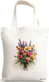 Sacosa de Panza pentru Cumparaturi, Geanta Tote, model Flower Bouquet 2, 38 x 34.5 cm, Alba, BEKZ®