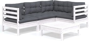 vidaXL Set mobilier grădină cu perne, 5 piese, alb, lemn de pin