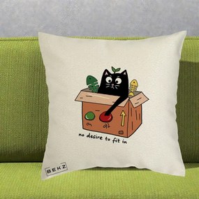 Perna Decorativa Pisica in Cutie No Desire to Fit In, 40x40 cm, Ecru, Husa Detasabila, Perna Inclusa, BEKZ®
