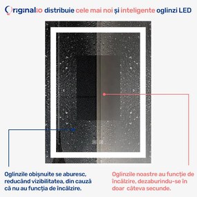 Oglindă LED Dreptunghiulară (60x80 cm), 3 Moduri Iluminare (Lumină Rece, Naturală, Caldă), Intensitate Reglabilă, Funcție Dezaburire, Control Tactil (Touch)