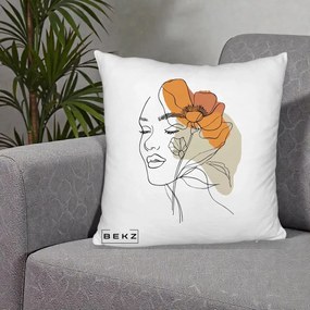 Perna Decorativa Portret Feminin Mac Mare Portocaliu, 40x40 cm, Alb Pufos, Husa Detasabila, Perna Inclusa, BEKZ®