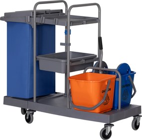 HOMCOM Cărucior Profesional de Curățenie cu 3 Rafturi, Sac pentru Gunoi și Găleată, 111x63,3x103 cm, Gri | Aosom Romania