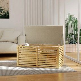 HOMCOM Bancă de depozitare, cufăr tapițat din material cu aspect de in, capac și structură din bambus, gri și lemn natural | Aosom Romania