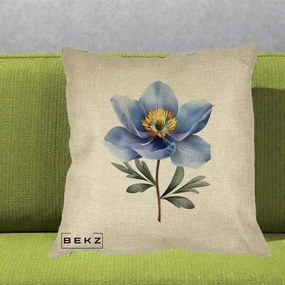 Perna Decorativa Anemona Albastra Botanica, 40x40 cm, Crem, Husa Detasabila, Perna Inclusa, BEKZ®