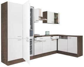 Mobilă de bucătărie de colț Yorki 340, corp din stejar Yorki, față alb satinat, dulap cu rafturi și frigider congelator inferior