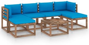 Set mobilier gradina paleti cu perne, 7 piese, lemn pin tratat Albastru deschis, 2x colt + 2x mijloc + 3x masa, 1