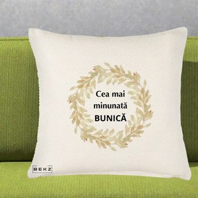 Cadou pentru Bunica - Perna Personalizata Cea Mai Minunata Bunica Coronita Frunze Acuarela, 40x40 cm, Crem Reliefat, Husa Detasabila, Perna Inclusa, BEKZ®