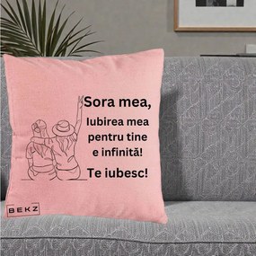 Cadou pentru Sora - Perna Personalizata Sora Mea Te Iubesc Line Art Portrete Colorate, 40x40 cm, Roz, Husa Detasabila, Perna Inclusa, BEKZ®