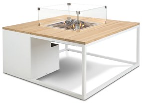 Masă cu șemineu pe gaz COSI - tip Cosiloft 100, cadru alb / blat din lemn de tec
