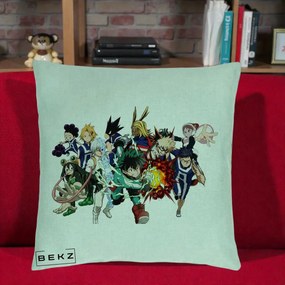 Perna Personalizata My Hero Academia Clasa 1-A Complet, 40x40 cm, Verde Menta, Husa Detasabila, Perna Inclusa, BEKZ®