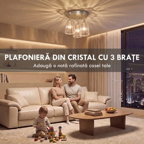 HOMCOM Plafonieră LED din Cristal cu 3 Lumini, Dulii E27, fără Becuri, pentru Living, Argintie | Aosom Romania