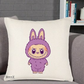 Perna Personalizata Labubu Violet Solo, 40x40 cm, Crem Reliefat, Husa Detasabila, Perna Inclusa, BEKZ®