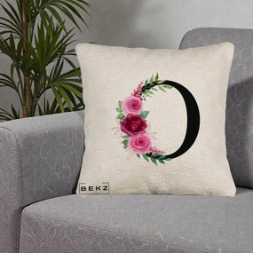 Cadou Personalizat - Perna Personalizata Monograma Florala Litera O, 40x40 cm, Bej Canapea, Husa Detasabila, Perna Inclusa, BEKZ®