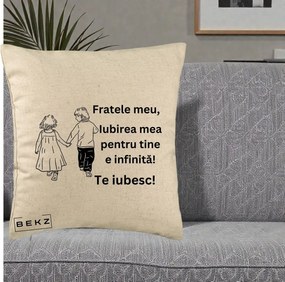 Cadou pentru Frate - Perna Personalizata Fratele Meu Te Iubesc Copii Tinand Maini Varianta 2, 40x40 cm, Bej, Husa Detasabila, Perna Inclusa, BEKZ®