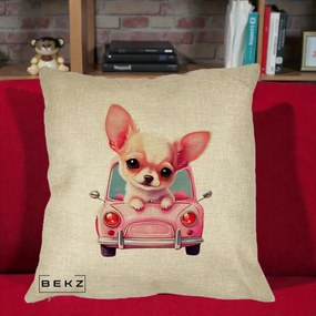 Perna Decorativa Chihuahua Roz in Masinuta, 40x40 cm, Crem, Husa Detasabila, Perna Inclusa, BEKZ®