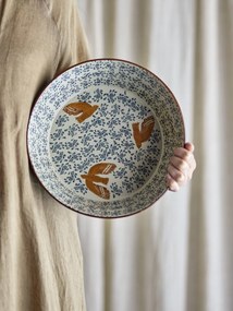 Bol mare din ceramică stoneware pictat manual cu păsări și motive florale, D28xH9 cm, 3350 ml, „Hezha"