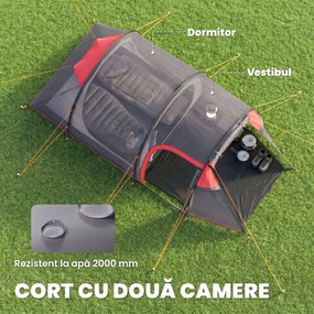 Outsunny Cort pentru Camping 2 Locuri cu Vestibul Mare, Cort Impermeabil Usi cu Fermoar, 426x206x154cm Gri | Aosom Romania