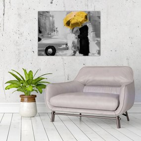 Tablou pe sticlă - Cuplu în dragoste sub o umbrelă, galben (70x50 cm)