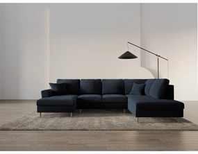 Colțar albastru închis extensibil, cu spațiu de depozitare cu tapițerie din catifea (cu colț pe partea dreaptă-în formă de "U") Kyoto – Cosmopolitan Design