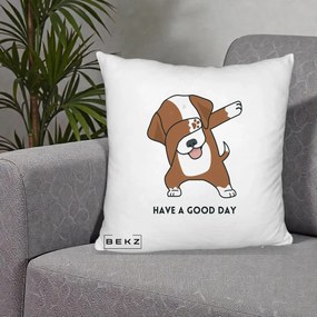 Perna Decorativa Caine Dab Have A Good Day, 40x40 cm, Alb Pufos, Husa Detasabila, Perna Inclusa, BEKZ®